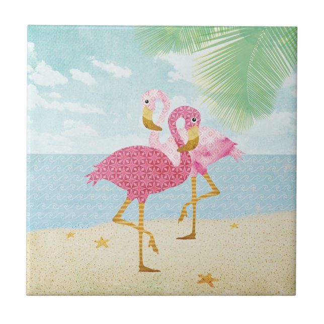 Aquarell-rosa Flamingos auf dem Strand Fliese (Vorderseite)