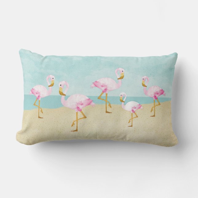Aquarell-rosa Flamingos auf dem Strand Lendenkissen (Vorderseite)