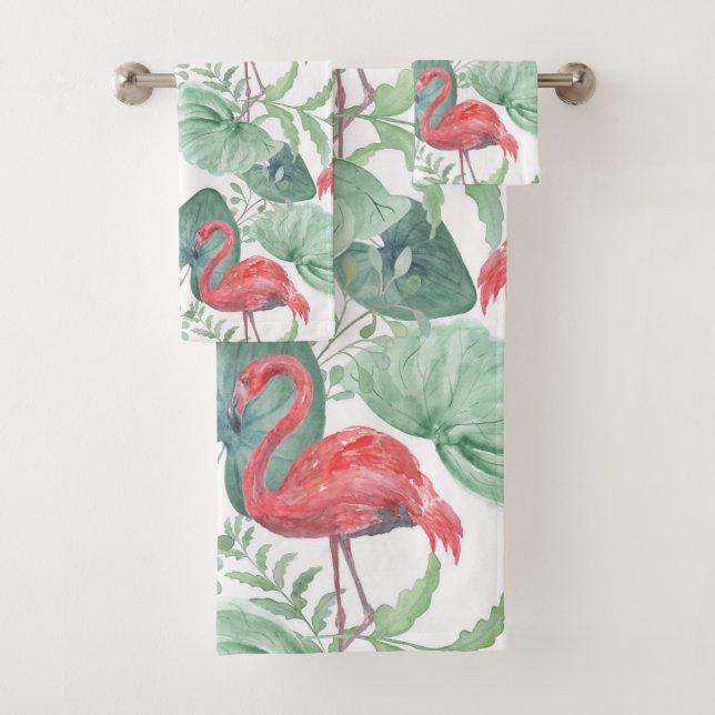 Aquarell Rosa Flamingos und Blätter. Badhandtuch Set (Insitu)