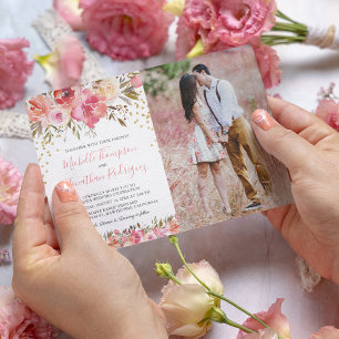 Aquarell-Rosa-Floral-Foto-Hochzeit Einladung