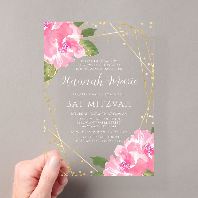 Aquarell Rosa Floral Gold Bat Mitzvah Acryleinladungen (Insitu (Handheld))