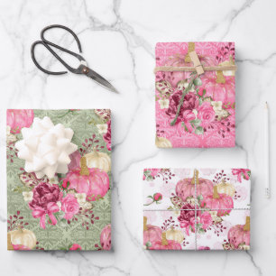 Aquarell-Rosa-Floral-Kürbis auf Damastmustern Geschenkpapier Set
