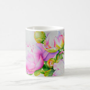 Aquarell rosa floral rosa Pfingstrosen weiße Blüte Kaffeetasse