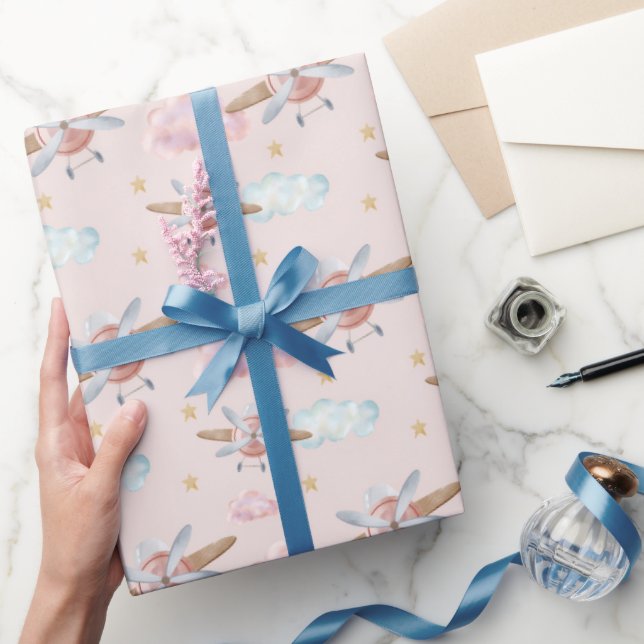 Aquarell-Rosa-Flugzeug Geschenkpapier (Schenken)