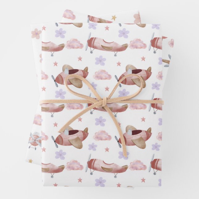 Aquarell-Rosa-Flugzeug Geschenkpapier Set (Beispiel)