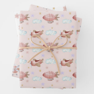 Aquarell-Rosa-Flugzeug Geschenkpapier Set