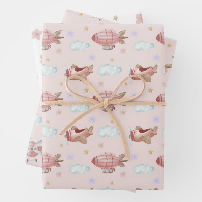 Aquarell-Rosa-Flugzeug Geschenkpapier Set (Beispiel)