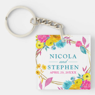 Aquarell Rosa Gelb Blau Sommer Blumen Hochzeit Schlüsselanhänger