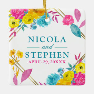 Aquarell-Rosa-Gelb-Blau-Sommerblumen-Hochzeit Keramikornament