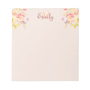 Aquarell-Rosa-Gelbe Rosen, Monogramm Notizblock