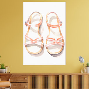 Aquarell-Rosa-Gestreifte-Sommer-Sandalen-Kunst Leinwanddruck