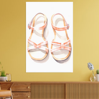 Aquarell-Rosa-Gestreifte-Sommer-Sandalen-Kunst Leinwanddruck