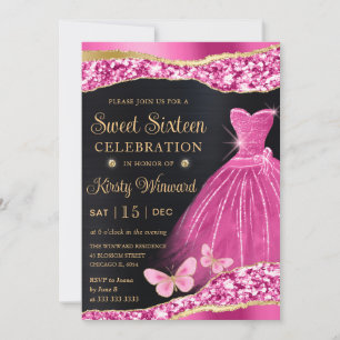 Aquarell Rosa & Gold Glitzer Kleid Sweet Sixteen Einladung