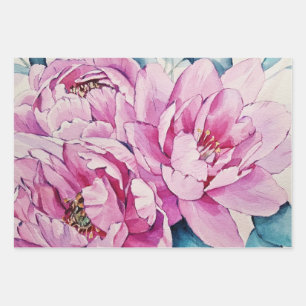 Aquarell-Rosa-große-Pfingstrosen-Blumen Geschenkpapier Set