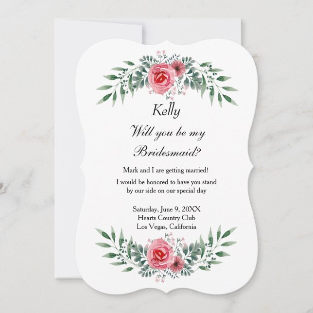 Aquarell Rosa Grüne Foliage Bridesmaid Einladung (Vorderseite)