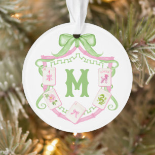 Aquarell Rosa & Grünes Schleifen-Mahjong-Monogramm Ornament