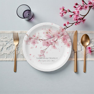 Aquarell-Rosa-Kirschblüten-Hochzeit Pappteller
