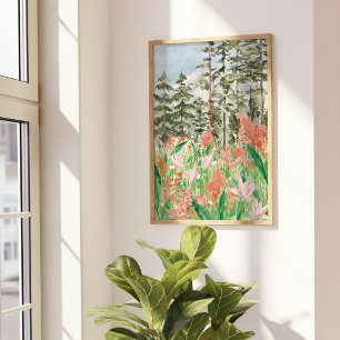 Aquarell-Rosa-Korallen-Blumenwiese auf dem Berg Poster