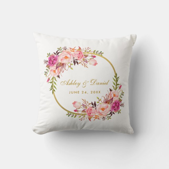 Aquarell-rosa Kranz-Goldmit blumenhochzeit Kissen (Vorderseite)