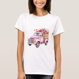 Aquarell Rosa Lastwagen mit Herzen und Blumen T-Shirt