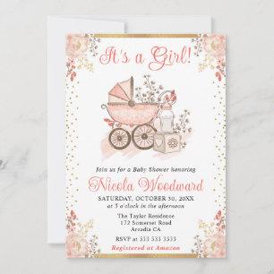 Aquarell-Rosa-Mädchen-Spielzeug und Kinderwagen-Ba Einladung