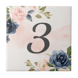 Aquarell Rosa Navy Florales Hausnummer Fliese
