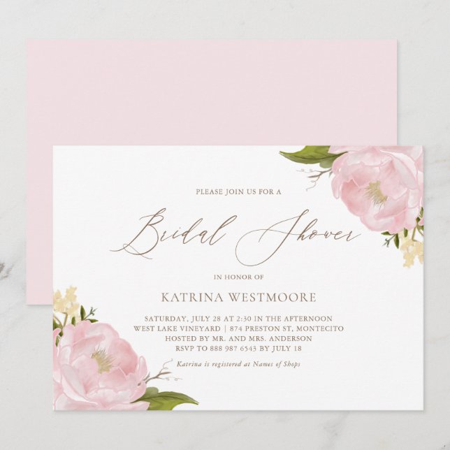 Aquarell Rosa Peonies Bridal Dusche Einladung (Vorne/Hinten)