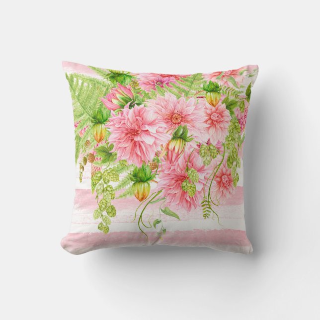Aquarell Rosa Peonies Grüne Pink Streifen Kissen (Vorderseite)