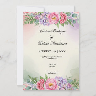 Aquarell-Rosa-Pfingstrose-Lila-Hortensien-Hochzeit Einladung