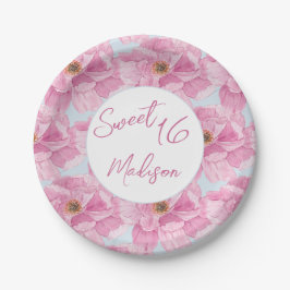 Aquarell-Rosa Pfingstrose Sweet 16 Party Pappteller