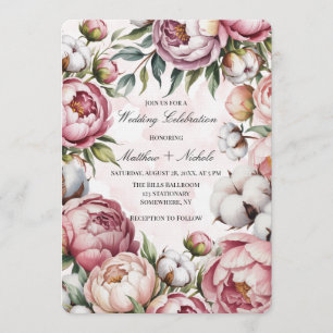 Aquarell-Rosa-Pfingstrose-und-Baumwolle-Hochzeit Einladung