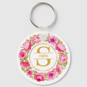Aquarell-Rosa-Pfingstrosen-Blumenkranz-Monogramm Schlüsselanhänger