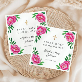 Aquarell-Rosa-Pfingstrosen-Erste-Heilige-Kommunion Serviette