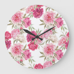 Aquarell-Rosa Pfingstrosen: Florale Eleganz Große Wanduhr