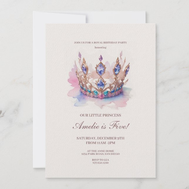 Aquarell Rosa Prinzessin Crown Fairytale Geburtsta Einladung (Vorderseite)