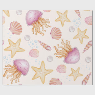 Aquarell-Rosa Quallen und goldene Seesterne  Geschenkpapier
