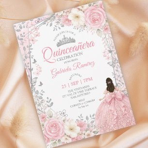 Aquarell-Rosa-Quinceañera Silber Einladung