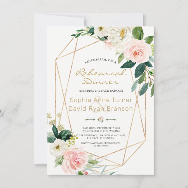 Aquarell Rosa Rosa Blush Floral Gold Probe Abendes Einladung (Vorderseite)