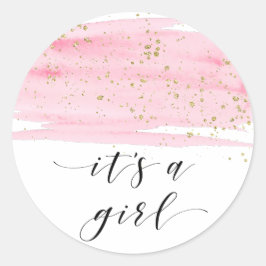 Aquarell Rosa Rosa Rosa und Goldpfeife Ein Mädchen Runder Aufkleber