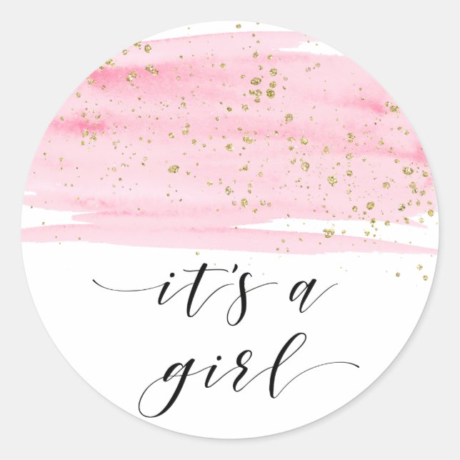 Aquarell Rosa Rosa Rosa und Goldpfeife Ein Mädchen Runder Aufkleber (Vorderseite)