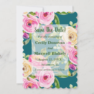 Aquarell-Rosa Rosen auf Türkis Save the Date Einladung