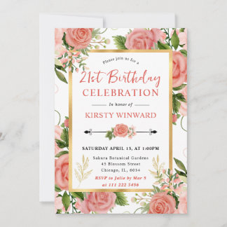 Aquarell Rosa Rosen Blumen 21. Geburtstag Einladung