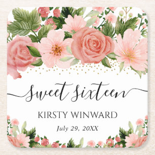 Aquarell-Rosa-Rosen-Blumen Sweet Sixteen Rechteckiger Pappuntersetzer