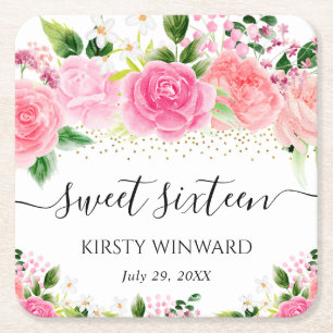 Aquarell-Rosa-Rosen-Blumen-Sweet-Sixteen Rechteckiger Pappuntersetzer
