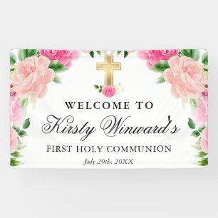 Aquarell-Rosa-Rosen Erste heilige Kommunion Banner
