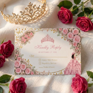 Aquarell-Rosa-Rosen-goldene-Tiara-Quinceañera RSVP Karte