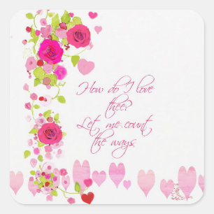 Aquarell-Rosa-Rosen-Herzen-Romantische-Liebende Quadratischer Aufkleber