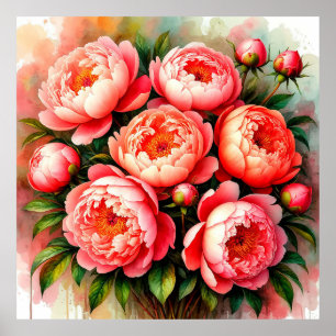 Aquarell-Rosa-Rosen in voller Blüte Poster