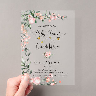 Aquarell-Rosa Rosen mit Schmetterling-Baby-Party Acryleinladungen