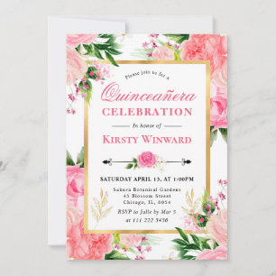 Aquarell-Rosa-Rosen-Sommerblumen-Quinceanera Einladung